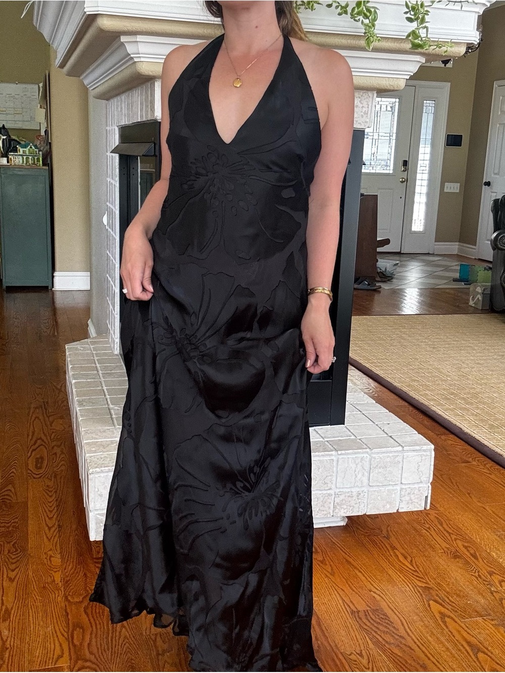David Meister Black Floral Print Halter Maxi Dress Formal Size 8